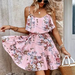 Kadın Askılı V Yakalı çiçek Desenli Mini Süprem Elbise , 31686