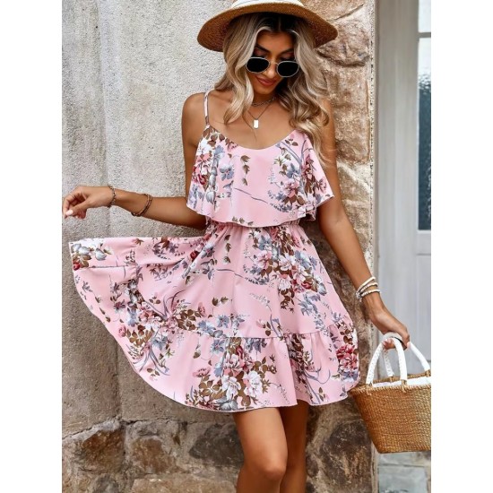 Kadın Askılı V Yakalı çiçek Desenli Mini Süprem Elbise , 31686