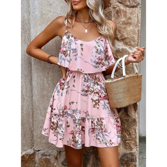 Kadın Askılı V Yakalı çiçek Desenli Mini Süprem Elbise , 31686