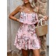 Kadın Askılı V Yakalı çiçek Desenli Mini Süprem Elbise , 31686