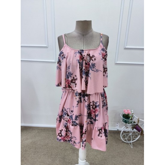 Kadın Askılı V Yakalı çiçek Desenli Mini Süprem Elbise , 31686