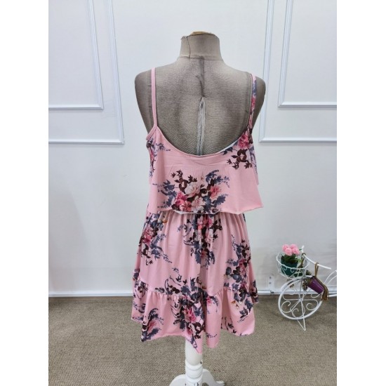 Kadın Askılı V Yakalı çiçek Desenli Mini Süprem Elbise , 31686