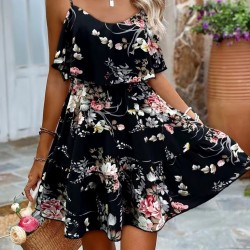 Kadın Askılı V Yakalı çiçek Desenli Mini Süprem Elbise , 31685