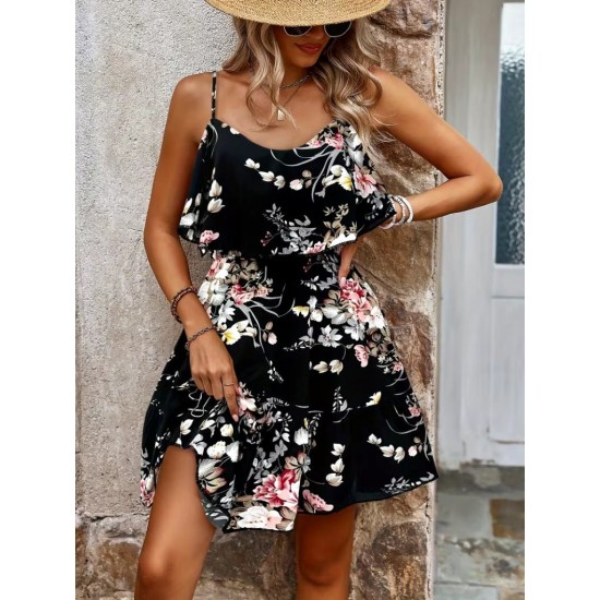 Kadın Askılı V Yakalı çiçek Desenli Mini Süprem Elbise , 31685