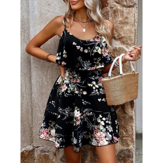 Kadın Askılı V Yakalı çiçek Desenli Mini Süprem Elbise , 31685