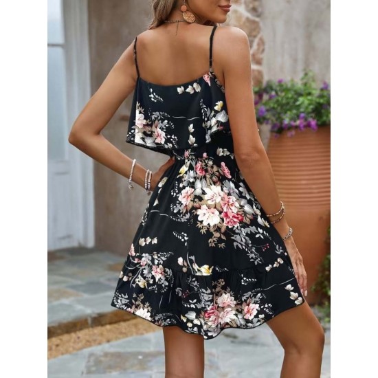 Kadın Askılı V Yakalı çiçek Desenli Mini Süprem Elbise , 31685