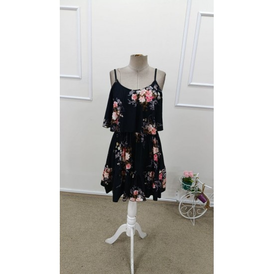 Kadın Askılı V Yakalı çiçek Desenli Mini Süprem Elbise , 31685