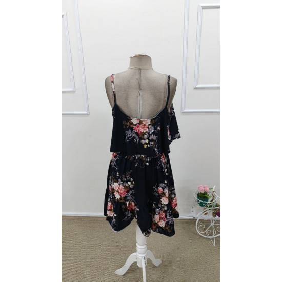 Kadın Askılı V Yakalı çiçek Desenli Mini Süprem Elbise , 31685