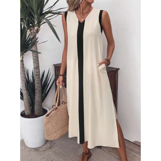 Kadın Askılı V Yakalı önden şerit Detaylı Yırtmaçlı Aerobin Uzun Elbise , 31684