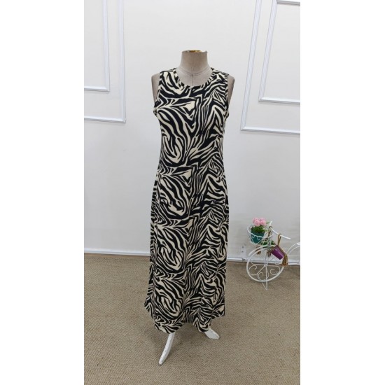 Kadın Askılı Yuvarlak Yakalı Zebra Desenli Uzun Süprem Elbise , 31683