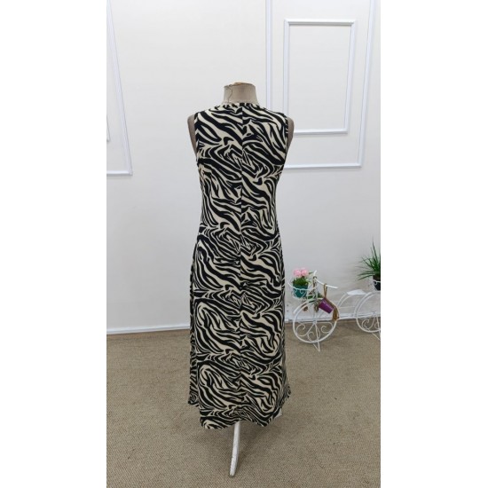Kadın Askılı Yuvarlak Yakalı Zebra Desenli Uzun Süprem Elbise , 31683
