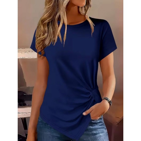 Kadın Kısa Kollu Bisiklet Yaka Asimetrik Kesim Detaylı Viskon Bluz , 31690