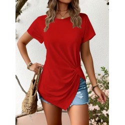 Kadın Kısa Kollu Bisiklet Yaka Asimetrik Kesim Detaylı Viskon Bluz , 31689