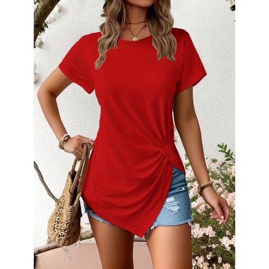 Kadın Kısa Kollu Bisiklet Yaka Asimetrik Kesim Detaylı Viskon Bluz , 31689