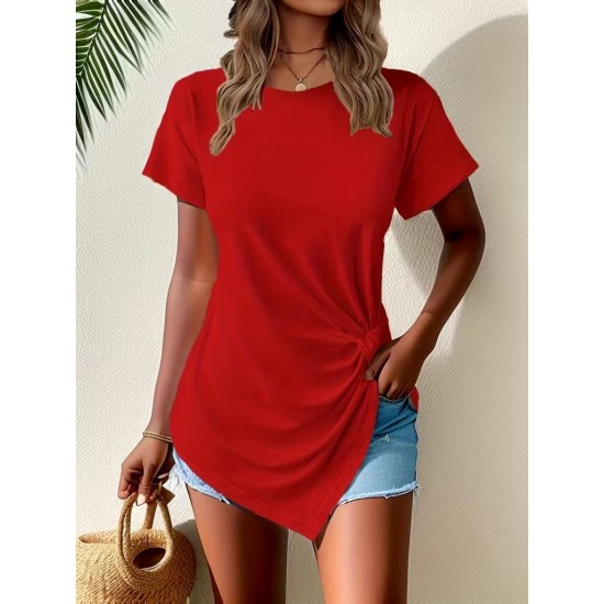 Kadın Kısa Kollu Bisiklet Yaka Asimetrik Kesim Detaylı Viskon Bluz , 31689