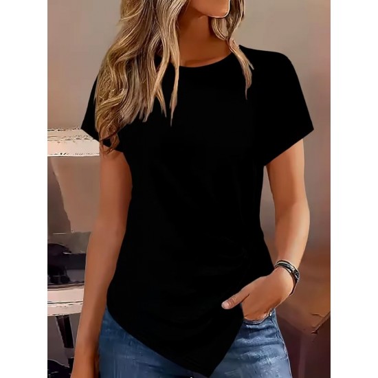 Kadın Kısa Kollu Bisiklet Yaka Asimetrik Kesim Detaylı Viskon Bluz , 31688