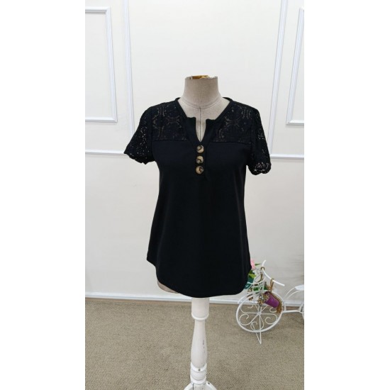 Kadın Kısa Kollu V Yakalı önden Düğmeli Dantel Detaylı Waffle Bluz , 31697