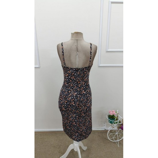 Kadın Ip Askılı V Yakalı Yırtmaçlı çiçek Desenli Süprem Elbise , 31696