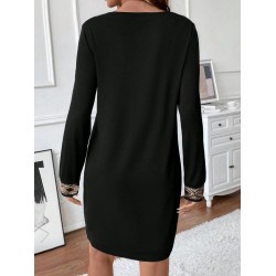 Women' S Long-sleeved V-neck Mini Imported Crepe Dress With Sequin Details , 31695