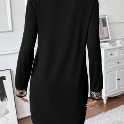 Kadın Uzun Kollu V Yakalı Pulpayet Detaylı Mini Ithal Krep Elbise , 31695