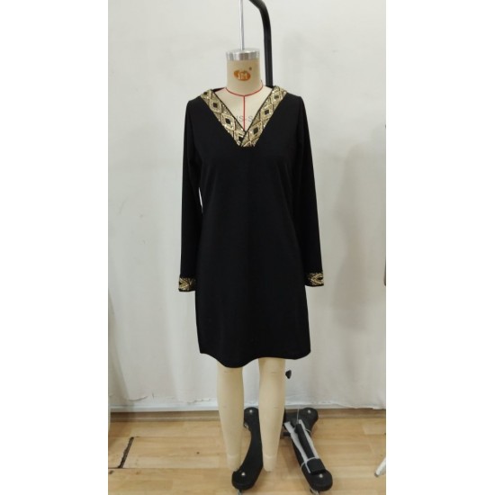 Kadın Uzun Kollu V Yakalı Pulpayet Detaylı Mini Ithal Krep Elbise , 31695