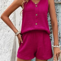 Kadın Askılı Kolsuz V Yakalı önden Düğmeli Bürümcük Bluz Ve Short Ikili Takım , 31703 Kadın Askılı Kolsuz V Yakalı önden Düğmeli Bürümcük Bluz Ve Short Ikili Takım , 31703