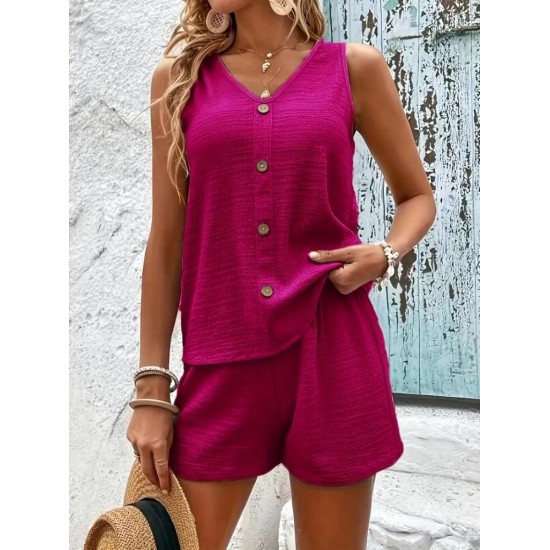 Kadın Askılı Kolsuz V Yakalı önden Düğmeli Bürümcük Bluz Ve Short Ikili Takım , 31703