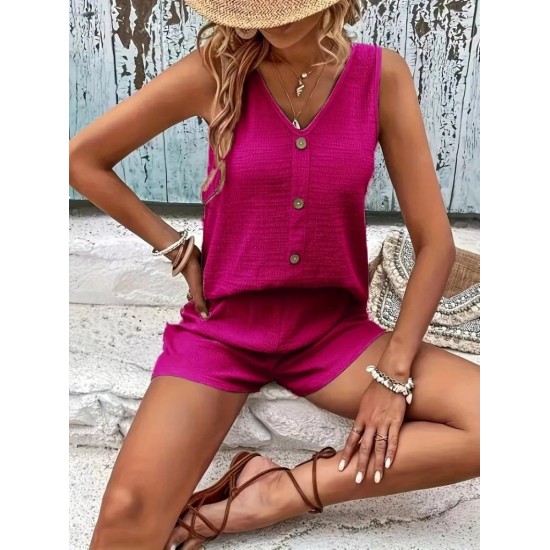 Kadın Askılı Kolsuz V Yakalı önden Düğmeli Bürümcük Bluz Ve Short Ikili Takım , 31703