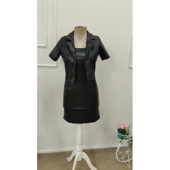 Kadın Kısa Kollu Deri Ceket Ve Askılı Mini Elbise , 31702