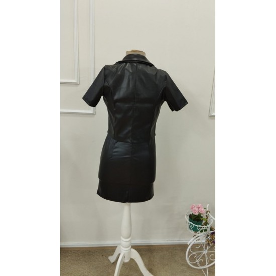 Kadın Kısa Kollu Deri Ceket Ve Askılı Mini Elbise , 31702