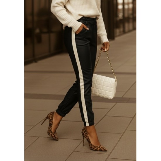 Kadın Yüksek Bel Lastikli Yan şerit Detaylı Deri Pantolon , 31707