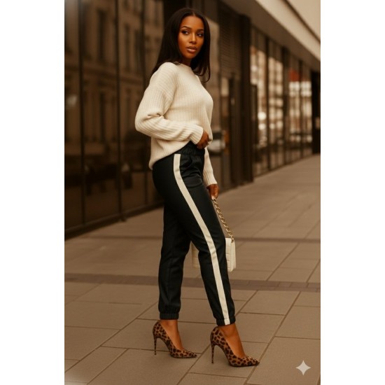 Kadın Yüksek Bel Lastikli Yan şerit Detaylı Deri Pantolon , 31707