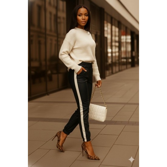 Kadın Yüksek Bel Lastikli Yan şerit Detaylı Deri Pantolon , 31707