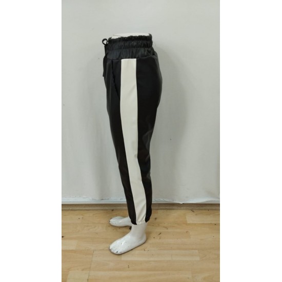 Kadın Yüksek Bel Lastikli Yan şerit Detaylı Deri Pantolon , 31707