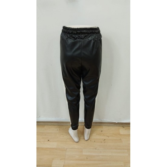 Kadın Yüksek Bel Lastikli Yan şerit Detaylı Deri Pantolon , 31707