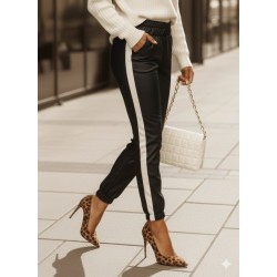 Women' S High-waisted Leather Pants With Elasticated Side Stripe Detail. , 31707