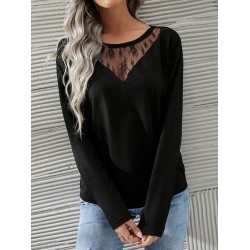 Women' S Long-sleeved Wide Round Neck Lace Viscose Two-thread Blouse, 31706