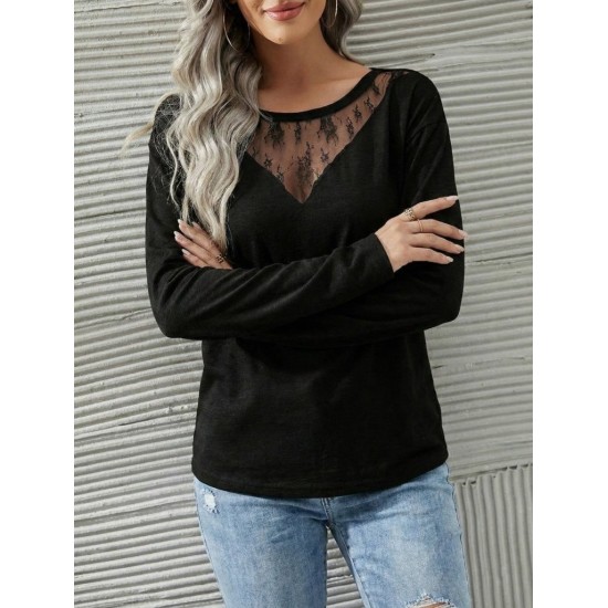 Kadın Uzun Kollu Geniş Yuvarlak Yaka Dantelli Viskon Iki Iplik Bluz, 31706