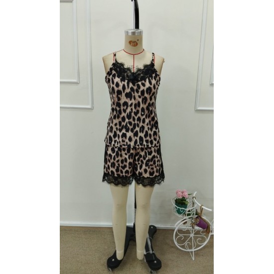 Kadın Askılı V Yakalı Dantel Detaylı Leopar Desenli Süprem Atlet Ve şort Ikili Takım , 31710