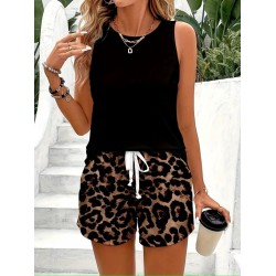 Kadın Askılı Bisiklet Yaka Viskon Atlet Ve Leopar Desenli Iki Iplik şort Ikili Takım , 31709