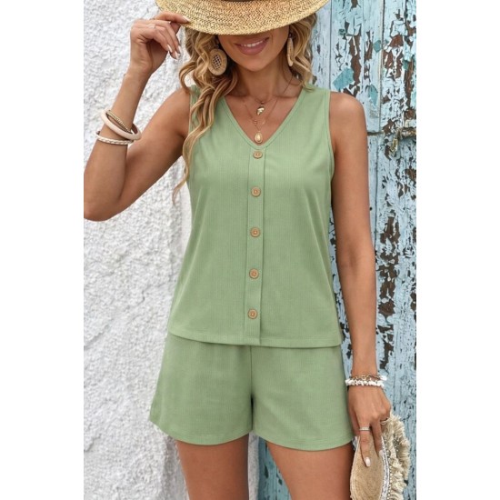 Kadın Askılı Kolsuz V Yakalı önden Düğmeli Bürümcük Bluz Ve Short Ikili Takım, 31708
