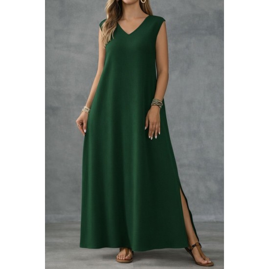 Kadın Askılı V Yakalı Yandan Yırtmaçlı Uzun Bürümcük Elbise, 31719