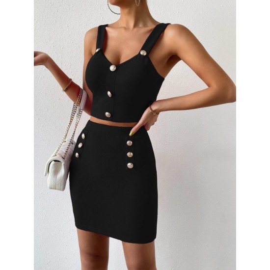 Kadın Askılı V Yakalı Düğmeli Kısa Krop Bluz Ve Etek Ikili Takım , 31714