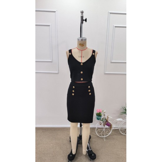 Kadın Askılı V Yakalı Düğmeli Kısa Krop Bluz Ve Etek Ikili Takım , 31714