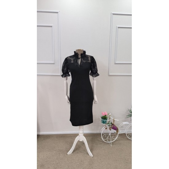 Kadın Kısa Kollu Yakası Fırfırlı Bağlamalı çiçek Desenli Tül Detaylı Mini Ithal Krep Elbise , 31713