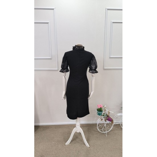 Kadın Kısa Kollu Yakası Fırfırlı Bağlamalı çiçek Desenli Tül Detaylı Mini Ithal Krep Elbise , 31713