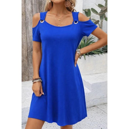 Kadın Kısa Kollu Omuzlardan Açık Kuş Gözü Detaylı Mini Viskon Elbise, 31724