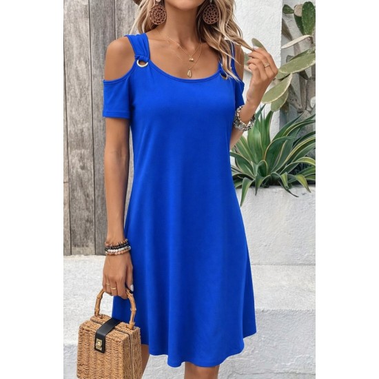 Kadın Kısa Kollu Omuzlardan Açık Kuş Gözü Detaylı Mini Viskon Elbise, 31724