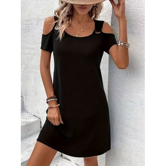 Kadın Kısa Kollu Omuzlardan Açık Kuş Gözü Detaylı Mini Viskon Elbise , 31723