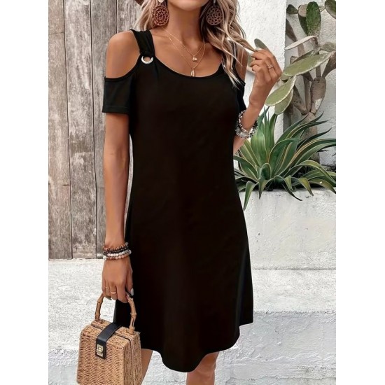 Kadın Kısa Kollu Omuzlardan Açık Kuş Gözü Detaylı Mini Viskon Elbise , 31723